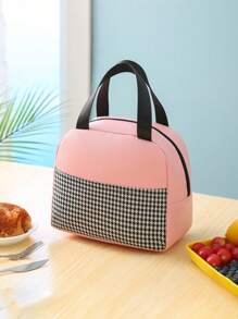 1pc Student Large Capacity Handheld Lunch Bag - Office Worker With Rice Insulation Bag - Portable PU Thousand Bird Grid Design, Thick Aluminum Foil, Easy To Carry, Keep Food Hot And Cold, Suitable For Outdoor Travel, Male And Female Styles, Non Contact With Food, Insulated Lunch Bag, Essential For Returning To School