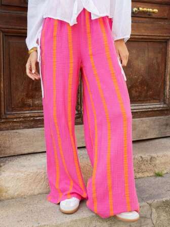 Plus Size Stripe Rayon (Polyester) Pocket Faux Drawstring Pants, Suitable For Daily Wear, Holidays, Night Out, Birthday Party, Back To School Party, Travel, Country Music Festival, Sports And Fitness, Spring/Summer