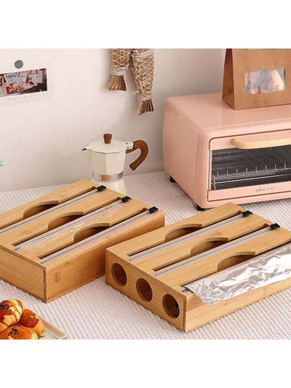 1pc Wrap Foil Cutter, Storage Box, Kitchen Bamboo Plastic Bag Cutting Box, Garbage Bag Food Bag Plastic Bag Wooden Box Storage Rack, Kitchen Dedicated And Convenient