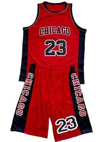 Men's Adult Sports Set T-Shirt With Basketball Shorts - Red and Black - View 3