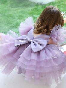 Baby Girl Bowknot Flutter Sleeve Light Purple Elegant Princess Dress, Suitable For Baby Girl's Birthday, Wedding, Party, Holiday Celebration, Formal Occasion Dress - 紫色 - 查看 6