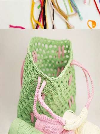 1 Set de manualidades para hacer una bolsa DIY - 1 carrete grande, 2 carretes pequeños, 1 ganchillo, 1 ovillo de hilo de algodón hueco de 2mm para tejer a mano una bolsa, cordón grueso y redondo simple