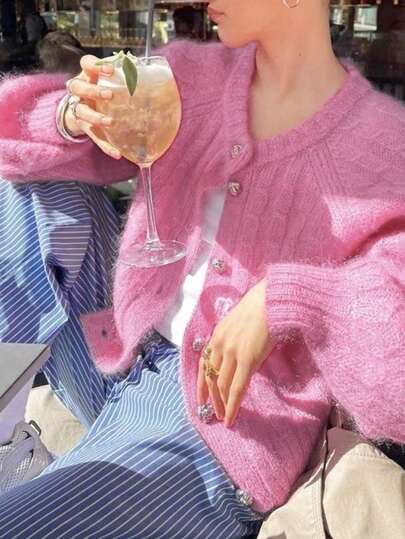 New Women's Casual Fashion Vintage Twist Cable Round Neck Cardigan Sweater, Winter 2025 Lazy High-End Elegant Knitted Jacket. Christmas Festive Atmosphere Chinese 3D Twist Small Cardigan Reducing Age Pink Purple Knit Top For Women