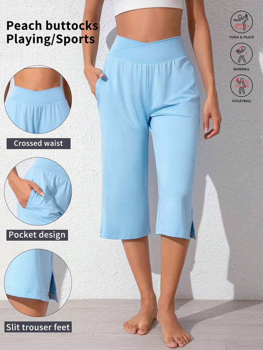 1pc Plain Color Outdoor Breathable High Elasticity 7/8 Sports Pants, Criss-Cross Waist Easy To Wear, Casual Running Tennis Shorts For Spring/Summer - 藍色 - 查看 1