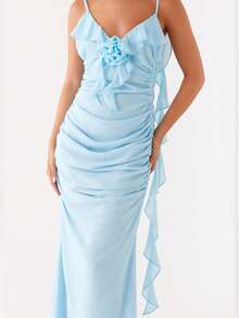 Women's Summer Dress Backless V Neck Spaghetti Strap Loose Flowy Midi Cami Dresses - Blue - View 1