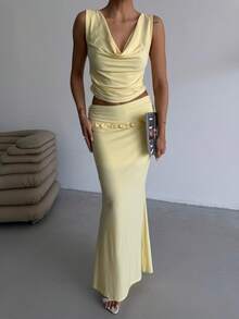 Black Fashion Women's Vacation Solid Color Sexy Swing Neck Crop Vest And Mermaid Skirt With Ruffle Waist Set - Yellow - View 3