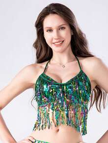 Sequin Sexy Tassel Belly Dance Bra Top Belly Dance Performance Costume Bar Party Costume Summer Beach Bra - Multicolor - View 30