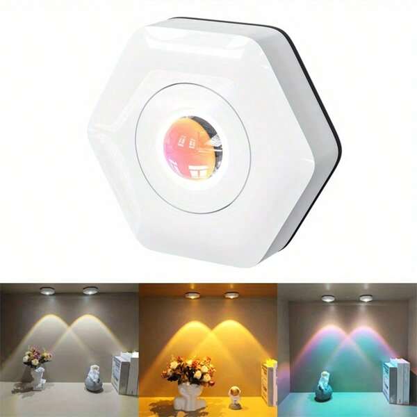 1pc Hexagon Cat Eye Color Projection Atmosphere Light, Dimmable, Portable Easy Installation LED Lamp, Battery Powered Cabinet Light, Suitable For Cabinet, Corridor, Living Room, Bedroom Lighting Decoration