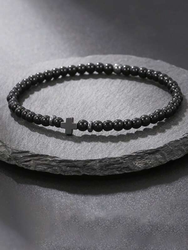 1 pieza Nuevo brazalete de hombre con cruz de ágata negra, brazalete de piedra volcánica de 4mm y turquesa, regalo para parejas