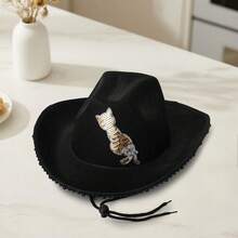 Womens Cowgirl Hat Cute Sequin Cat Western Style Black Pearl Wide Brim Fedora Hat With Adjustable Strap - Black - View 4