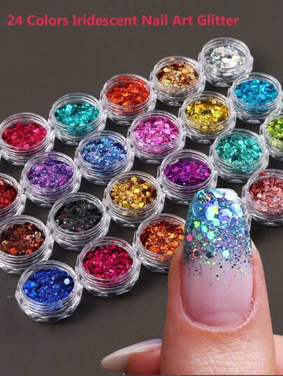 24 colores de polvo de glitter cromado holográfico, purpurina iridiscente de trocitos gruesos para decoración de uñas, escamas holográficas brillantes, lentejuelas hexagonales para manicura