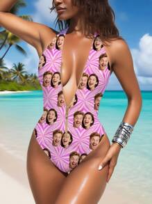 1pc Customized Women's Swimsuit, Face Customized, Couple Customized, Women's Zipper Strap Backless Swimsuit, Pink High Waist Sleeveless Swimwear, Sexy, Girly, Suitable For Swimming Pool, Beach, Holiday, Girls - Pink - View 10