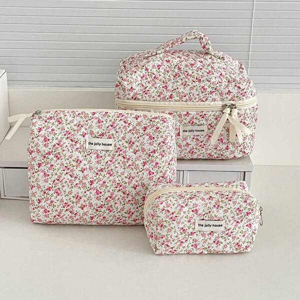 Soft Ditsy Floral Zipper Cosmetic Bag, Makeup Bag, Toiletry Bag, Random Pattern, Countryside Style Storage Pouch For Women, Home & Travel Portable Travel Essentials Vacation Summer Holiday Back To School School Stuff Bag For School Wash Bag Travel Supplies Waterproof Toiletry Bag