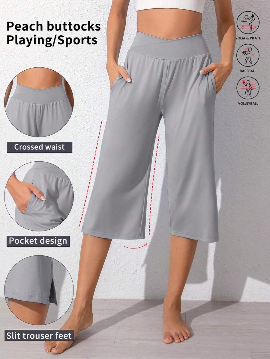 1pc Solid Color Breathable High Elasticity Sports Capri Shorts, Crossover Waist Easy On/Off, Suitable For Running, Tennis, Cycling, Outdoor, Spring/Summer - Xám - Xem 1