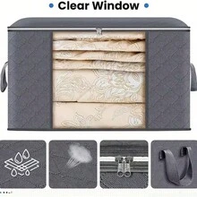 2Pack Clothes Storage Bag, Foldable Storage Bin Closet Organizer With Reinforced Handle, Sturdy Fabric Blanket Storage With Clear Window, Storage Containers For Clothing, Bedding, Gray - 灰色 - 查看 5