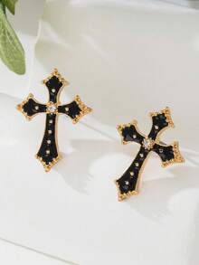1 对时尚珐琅镶嵌水晶十字架耳环，适合女士佩戴，优雅百搭，适合日常佩戴，适合所有季节