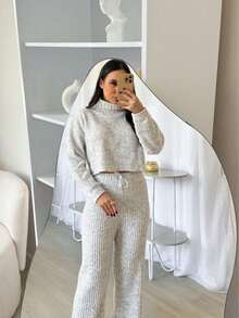 Mousse Tricot High Neck Pant Set - Off - View 1