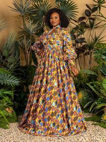 Faeriesty Plus Size Lantern Sleeve Dress | African Style Plus Size Stand Collar A-Line Dress | Women's Vacation, Beach, Park Picnic, Casual City Dress Spring Elegant - Yellow - View 7