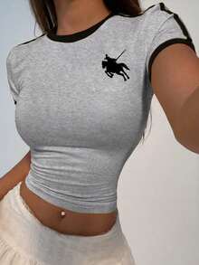 Women's Fitted Round Neck Printed Striped Short Sleeve T-Shirt, Contrast Color Pattern Casual Summer - Gray 17# - View 5
