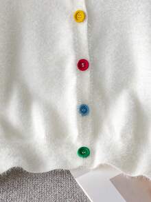 女童休闲纯色纽扣短款人造毛皮针织开衫，适合日常、度假、春季、秋季、冬季 - 白色 - 查看 5