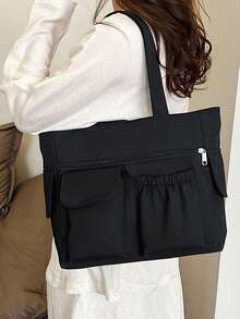 Solid Color Nylon Fabric Multi-Pocket Large Capacity Tote Bag, Simple Lightweight Laptop Friendly College Style Versatile - Black - View 3