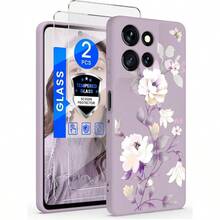 For  Moto G Power 5G 2025 Case With 2X Tempered Glass Screen Protectors  Women Florals Liquid Silicone Phone Case Shockproof AntiScratch Soft Protection Case Purple