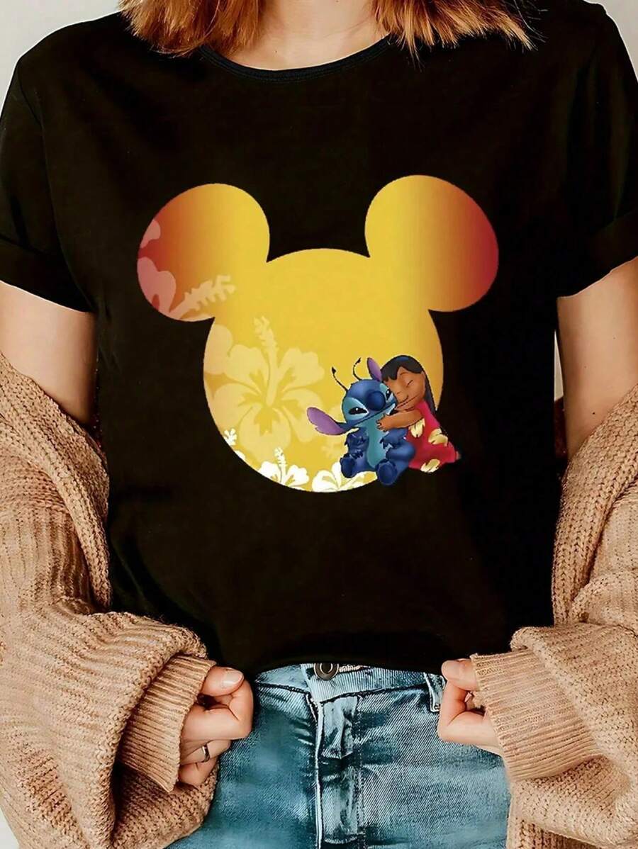 Women's Casual Short Sleeve T-Shirt - Cute Cartoon Characters And Floral Print, Soft Stretch Crew Neck Tee, Machine Washable, Playful Graphics, Premium Casual Wear - 黑色 - 查看 1