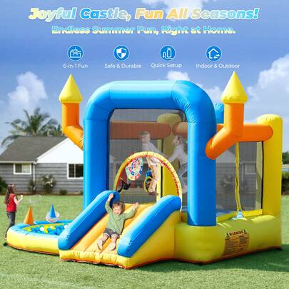 9.5 Ft Indoor Outdoor Inflatable Colorful Castle Baby Bounce House, With Big Ball Pit And Slide, 6-In-1 Play Park For Kids, (With Blower), Birthday Decorations For Home Outdoor Fun, 9.5 X 8 X 6 Ft