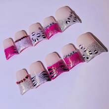 Duck Nails Y2K Short Press-On Acrylic Nails, 10 Pcs Handmade 2025 Summer Pink-Silver Glitter Nails Embellished With Tiger-Stripe Patterns & Rhinestones For Party, Wedding, Holiday & Daily Wear-Reusable Gel Acrylic, Easy Application With Jelly Glue Set Included - Màu Hồng Tươi - Xem 7