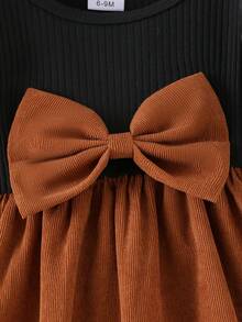 2pcs/Set Baby Girl Black Corduroy Patchwork Dress With Bow Detail, Waisted Bubble Hem Long Sleeve Dress With Bow Headband