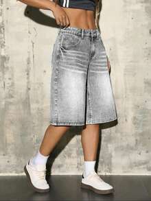 Short de mezclilla de tiro alto tipo "Bermuda" para mujer de talla grande, shorts vaqueros casuales de corte holgado - Gris - Ver 4