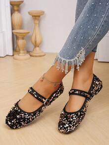 加大码 EU35-43 时尚亮片方头平底鞋，一脚蹬休闲装，适合搭配连衣裙，随机图案设计，春秋季 - 棕色亮片 - 查看 4