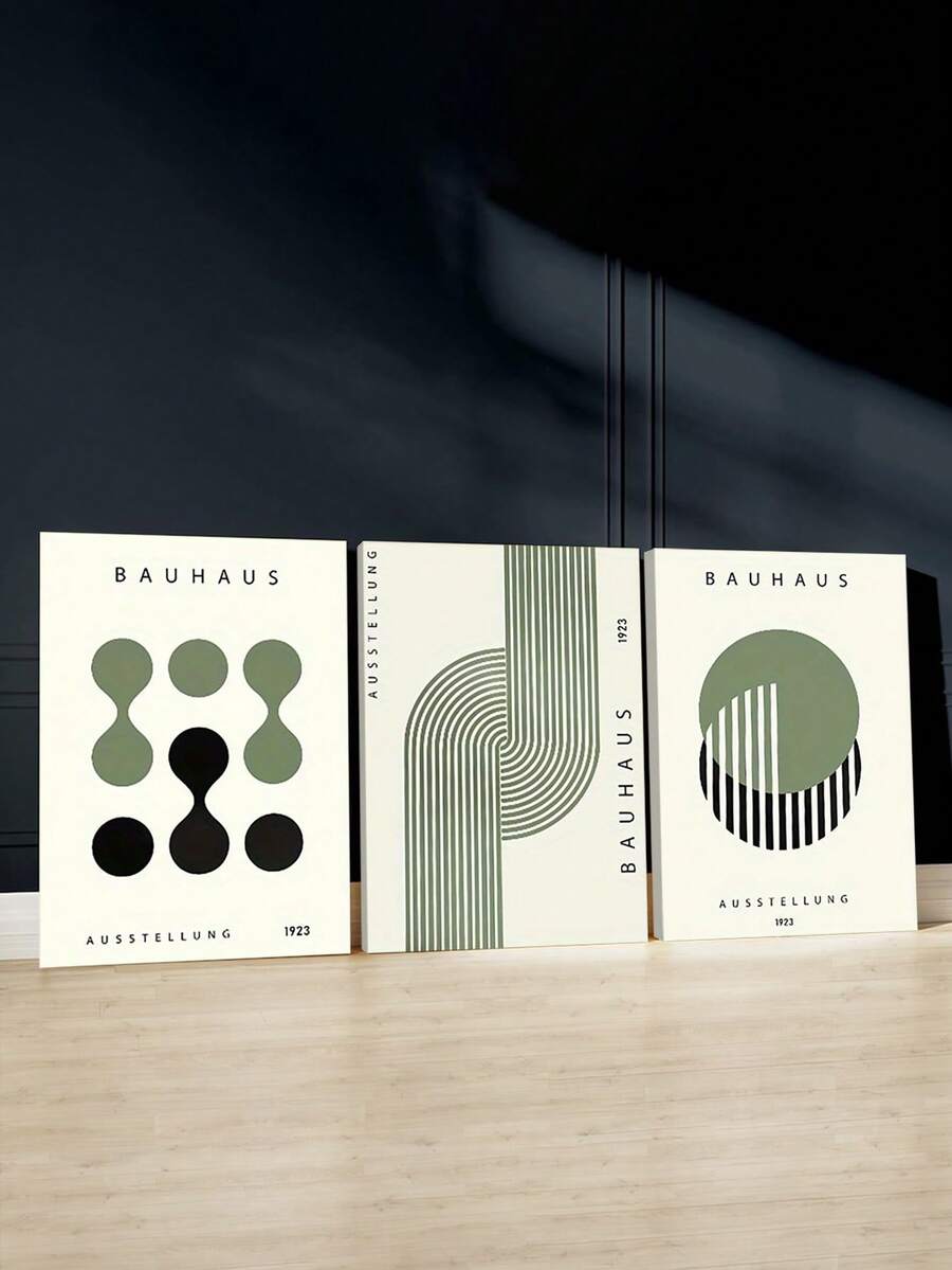 3pcs Canvas Artwork Collection, Framed Prints For Unique Home Decor - Wooden Framed Style Green Bauhaus Decorative Posters, Mid-Century Modern Posters, Geometric Art Prints, Line Art, Sage Green, Wall Arts, Art Prints, Posters, For Living Room, Bedroom, Bathroom, Optional Frame - Multicolor - View 1