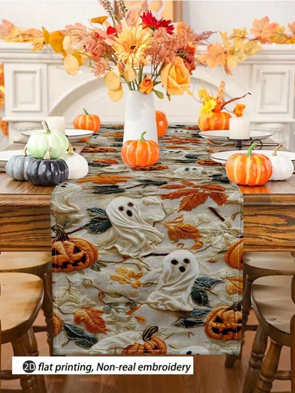 1pc/10pcs Halloween Ghost Printed Table Runner, Autumn Harvest Festival Table Runner, Farmhouse Style, Linen-Like Material, 33*91cm/33*183cm/33*274cm, Indoor Outdoor Party Decoration, Pumpkin Theme, Home Kitchen Decor