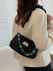 简约褶皱亮片纯色手提包，时尚亮片百搭单肩包，优雅褶皱云形手提包，搭配褶皱亮面 PU 皮革 - 黑色 - 查看 4