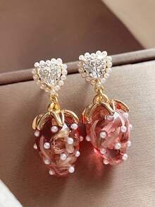 1 对草莓心形水钻耳环，时尚优雅百搭，适合女性，夏季 - 粉色 - 查看 2