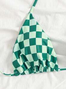 Conjunto de bikini de mujer de verano con estampado de cuadros rosas, nudo, espalda descubierta y corte alto, traje de baño para vacaciones en la playa - Multicolor - Ver 4