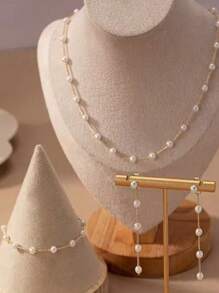 1 Set Elegant Vintage-Style Metal Bead Necklace, Bracelet, Earrings Jewelry Set For Women, Fashionable High-Quality French Style Accessories Suitable For Formal Occasions, Party, Daily Wear, And Gift