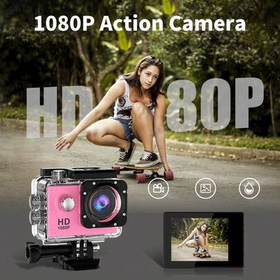 粉色运动相机，水下防水 DV 摄像机，防抖，140 度广角运动相机，自拍双屏运动相机 30fps 触摸双屏 Wifi 全高清，高清相机带配件套件