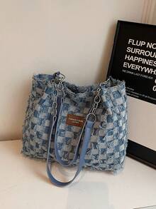 时尚条纹手提包 - 女士大容量单肩包 - 日常使用的拉链手提包 - 简约链条单肩手提包，适合少女、女士、大学生、办公室、工作、商务、通勤