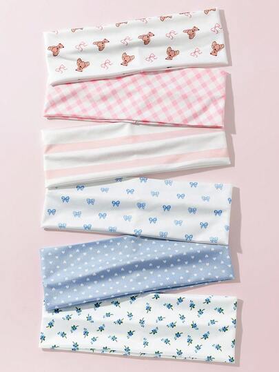 6件套女士花卉、蝴蝶结、爱心、小熊、格子、条纹图案柔软防滑发带，弹性瑜伽运动头巾，百搭日常佩戴，适合多种场合，时尚发饰，蝴蝶结配饰，校园用品，大学秋季配饰，女士发带秋冬度假装扮，女士优雅围巾，女士头巾，柔软头巾