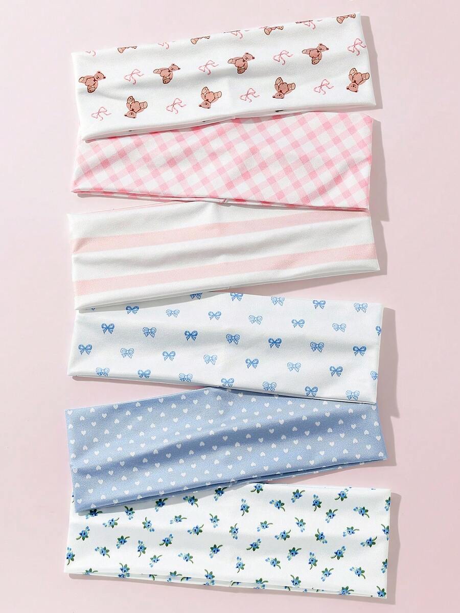 6-Piece Set Women Floral, Bow, Heart, Bear, Plaid, Striped Pattern Soft Non-Slip Headbands, Elastic Yoga Sports Headwear, Versatile For Daily Wear, Suitable For Multiple Occasions Hair Accessories Fashion Head Wrap, Bow Accessories, School Stuff, College Autumn Accessories Women Hair Band Fall Winter For Vacation Outfits Woman Elegant Scarf Women Bandanas Soft Headwrap - 彩色 - 查看 1