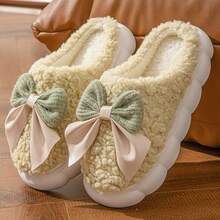 Women Cotton Slippers With Bow Outdoor Warm Thick Sole Non-Slip Slippers - 薄荷綠 - 查看 1