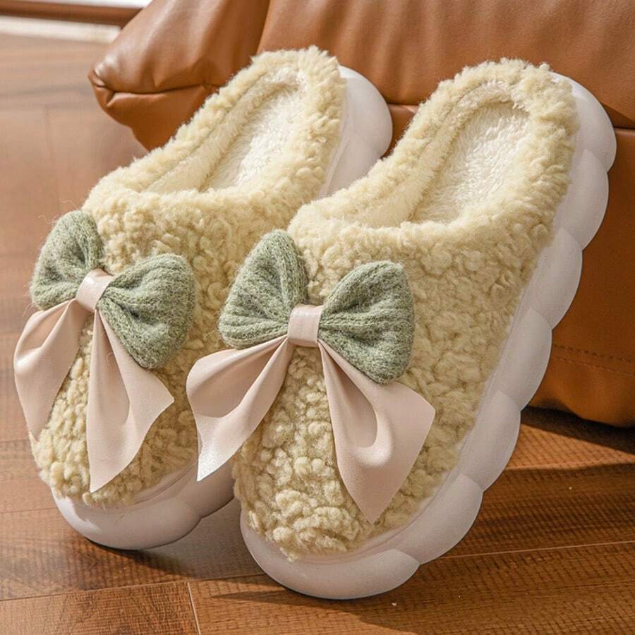Women Cotton Slippers With Bow Outdoor Warm Thick Sole Non-Slip Slippers - Màu xanh Bạc hà - Xem 1