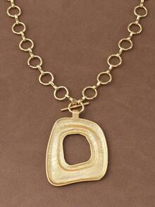SUPBORA 1pc Fashion Matte Gold/Silver Color Asymmetrical Open Hollow Square Shape Pendant Chunky Chain Statement Necklace Suitable For Women's Daily Wear 18" - Matte Gold - View 3