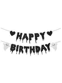 1pc Black Glitter Halloween Birthday Banner Black Heart Skull Garland Halloween Happy Birthday Decorations For Halloween Birthday Party Decorations Theme BabyShower Supplies - Multicolor - View 6