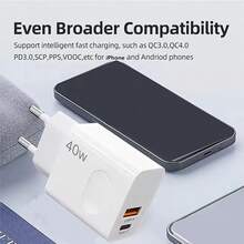 1pc 40W Fast Charger With 1m USB-C To USB-C Cable, Compatible With 15/16/17 Pro Max, IPad Pro, S24/S23, EU/US Plug, White, Stylish Design, Durable