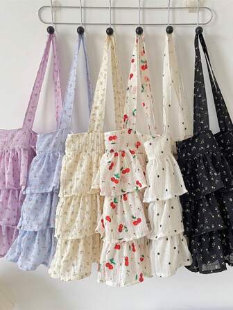 1 Pieza Bolso tipo tote con pliegues, estilo niña dulce, gran capacidad, bolso de hombro para mujer, bolso de playa de gasa, bolso de hombro casual y de moda, dobladillo con estampado floral de verano, fashionable y portátil, bolso de lona para mujer, uso para estudiantes universitarios y viajes diarios, nueva llegada primavera/verano 2025