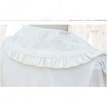 Women's Sweet Shirt Short Puff Sleeve Flower Embroidered Collar White Ruffle Blouse, Large Plus