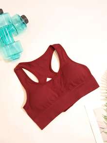 1 szt. damski czerwony, oddychający biustonosz sportowy typu racerback z wyjmowanymi wkładkami, bez fiszbin i wygodny